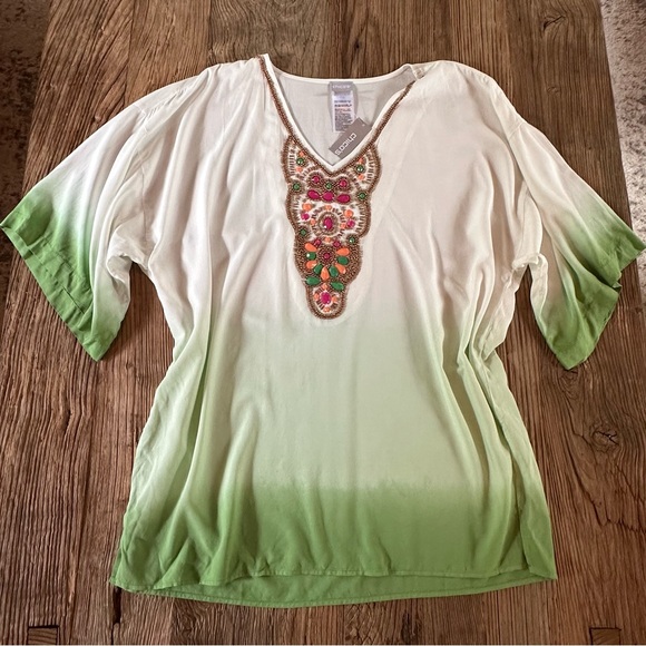 CHICO'S 2 Womens Ombre Tropical Emerald Beaded Tunic Top Sz 12/14 Kimono NWT - Picture 1 of 12